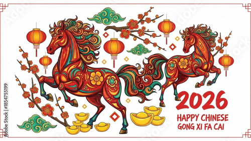 Vibrant chinese new year illustration of two horses with lanterns and gold coins for 2026 gong