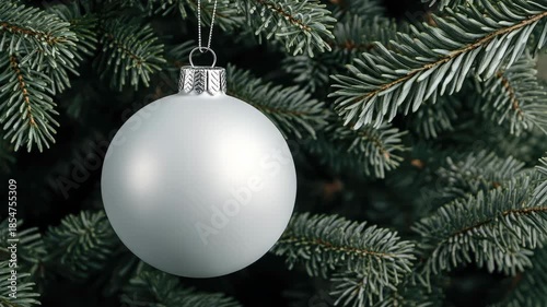 Sparkling silver ornaments hang on vibrant green pine branches, creating a festive holiday atmosphere in the setting