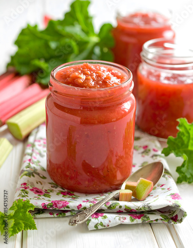 Red Rhubarb Compote in Mason Jars with Fresh Stems and Floral Cloth

