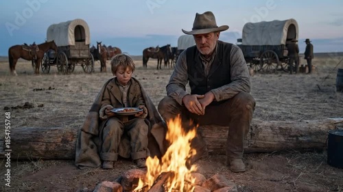 Pioneers — man and young boy share a simple meal by a crackling campfire beside their covered wagon at dusk, resting on the open prairie during westward journey