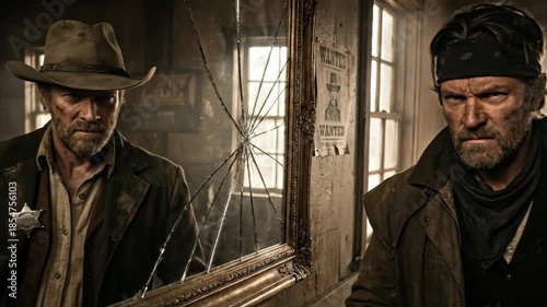 Rugged bearded man in a bandana peers at a broken mirror seeing himself as a sheriff in a cowboy hat, portraying a tense internal battle between law and outlaw in the old west