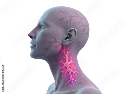 3D anatomical illustration of the human head and neck, highlighting the nerves and blood vessels in the neck area with a focus on a highlighted nerve cluster
