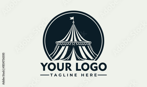 Vector illustration of a circus tent logo with a customizable tagline on a light gray background, featuring a dark blue circle and white stripes.
