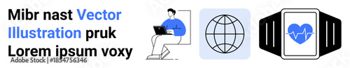 Remote work, online education, digital connectivity, fitness tracking, wearable technology, modern tech solutions. A person with a laptop, a globe and a smartwatch with a heart monitor. Remote work