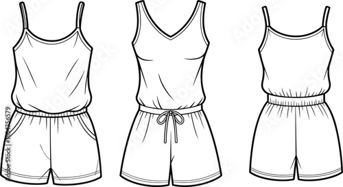 Women romper front back variations illustration, sleeveless playsuit design, casual summer outfit, fashion apparel vector isolated
