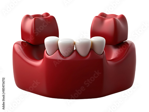 3D model of a dental prosthesis with teeth.  A red dental appliance with capped teeth, one set on top and one set on the bottom, is displayed against a black background