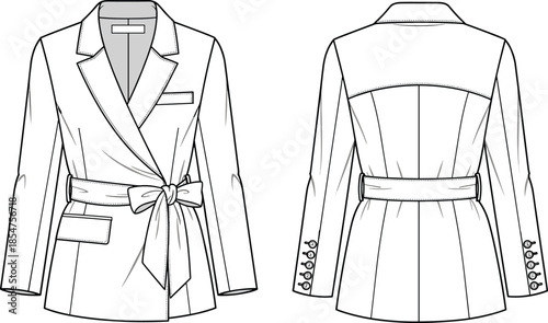 Women tailored blazer technical drawing, front and back view fashion illustration, belted jacket design isolated on white background