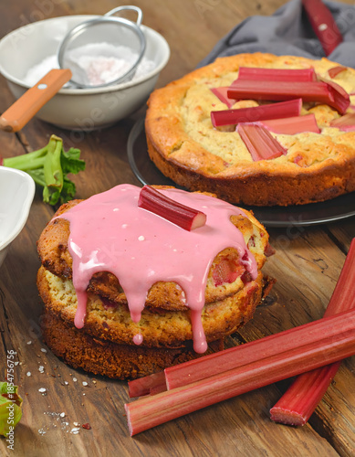 Traditional Rhubarb Frangipane Tart with Pink Stems and Parsley Garnish

