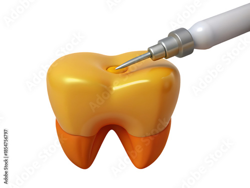 3D illustration of a tooth receiving a dental injection.  A stylized, bright orange tooth has a small hole where a white syringe with a metal tip is injecting something
