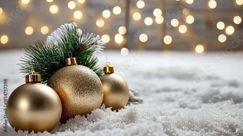 Golden ornaments rest on a bed of snow, surrounded by greenery and shimmering lights, setting a festive scene for the holidays