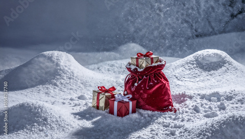Christmas gifts and a red sack in the snow at night creating a magical winter atmosphere
