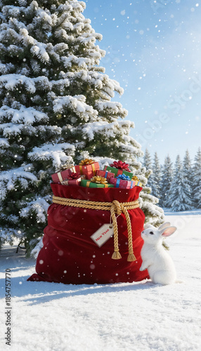 Adorable rabbit near a festive red sack filled with colorful Christmas gifts in a snowy landscape