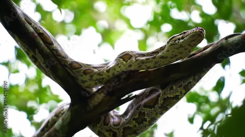 Reticulated Python slithering on branch, Snake wildlife in lush green jungle. Tropical reptile climbing on tree, nature predator