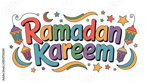 Ramadan Kareem: A vibrant and colorful illustration conveys the spirit of Ramadan Kareem with festive lettering and symbolic elements like crescent moons, stars, and lanterns.