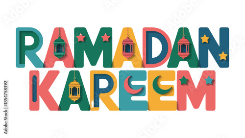 Ramadan Kareem: A vibrant and colorful illustration conveys the spirit of Ramadan Kareem with bold letter and themed symbols.
