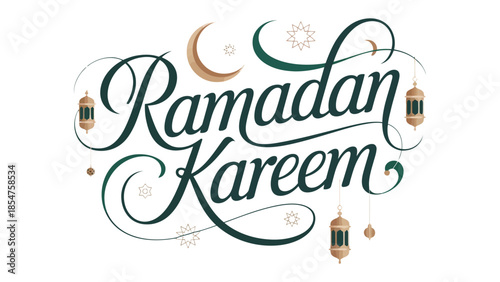 Ramadan Kareem: Exquisite calligraphy spells out 'Ramadan Kareem', embellished with delicate celestial motifs, celebrating the blessed month with grace and devotion.
