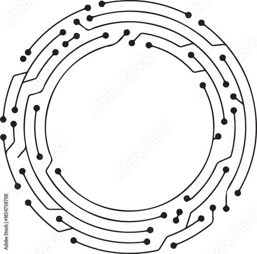 An abstract music background featuring a gold metallic porthole frame with vector musical notes and a round nautical design on a technology chip pattern
