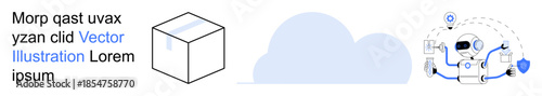 Data security, artificial intelligence, cloud storage, IT solutions, smart automation, technology concepts. Cube, cloud and AI robot with tools and shield. Data security and AI automation