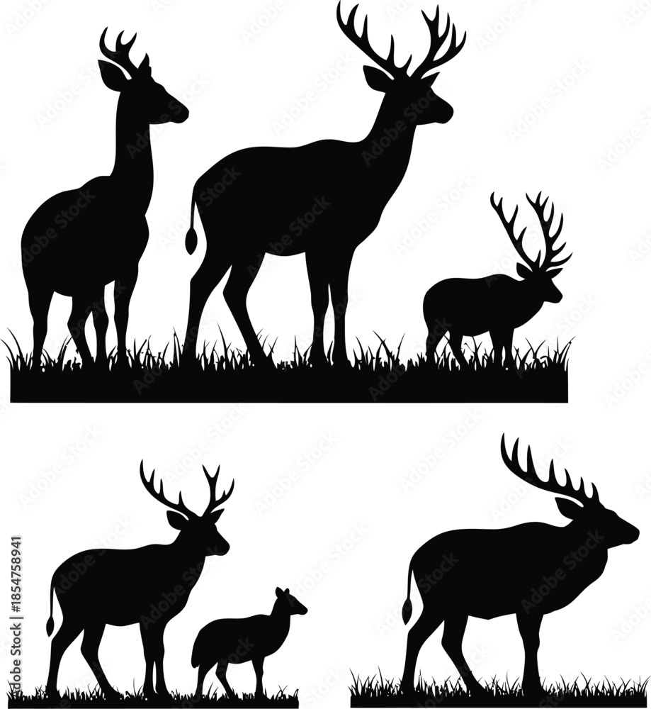 Naklejka premium Deer silhouettes in grassy landscape with various antler styles