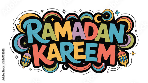 Ramadan Kareem: Vibrant Calligraphy Design: Colorful and festive calligraphy of Ramadan Kareem with ornate design celebrating Islamic holy month.