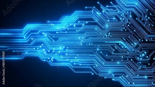 Abstract blue glowing digital circuit board lines and data flow technology background