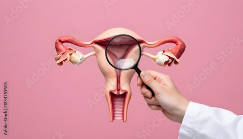 Women health check concept. doctor is holding a magnifying glass with uterus symbol to Medical check uterus female reproductive system, PCOS, ovary gynecologic and cervical cancer 