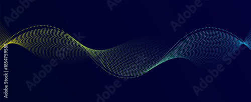 Flowing dots particles wave pattern blue and yellow isolated on dark blue background. Vector in concept of technology, science, music, modern.