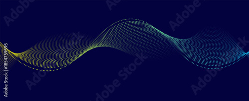 Flowing dots particles wave pattern blue and yellow isolated on dark blue background. Vector in concept of technology, science, music, modern.