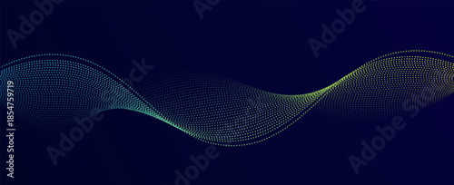 Flowing dots particles wave pattern blue and yellow isolated on dark blue background. Vector in concept of technology, science, music, modern. vector