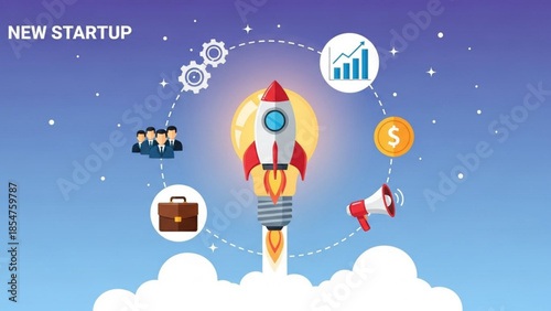 New startup business concept with rocket launching into the sky with people, briefcase, megaphone, dollar coin and graph icons around it