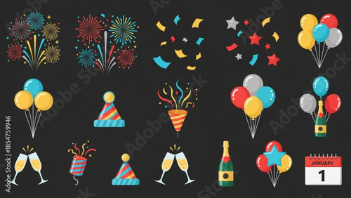 Colorful celebration icons including balloons, fireworks, champagne, party hats, and confetti on a black background for birthday or new year's eve festivities
