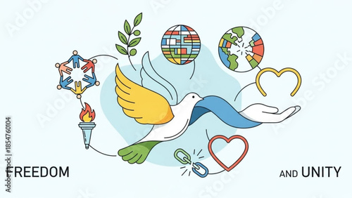 Vibrant dove with outstretched wings surrounded by unity and freedom symbols, including a torch, heart, and globe, representing peace, love, and harmony
