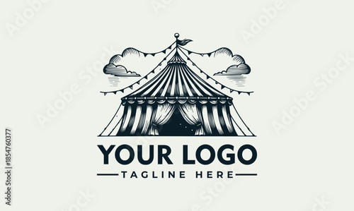 A vector illustration of a circus tent with a customizable logo and tagline on a plain background, featuring a string of lights and clouds.