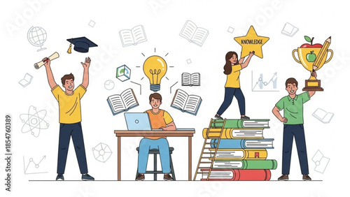 Four students with arms raised in celebration, surrounded by books, graduation cap, lightbulb, and star with knowledge text, on white background with educational icons