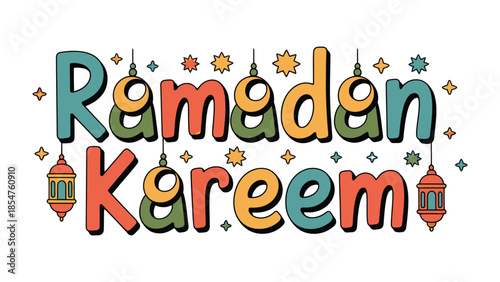 Ramadan Kareem: A festive and vibrant graphic design announcing Ramadan Kareem, adorned with colorful lanterns and stars, evoking a sense of celebration.