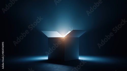 An open box glowing from within and emitting light, positioned on a dark blue background for a mysterious effect.
