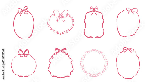 Pink Ribbon bow frame set border and element collection. Coquette vintage sketch line hand drawn. Design element for greeting cards, wedding and birthday party, picnic invitations