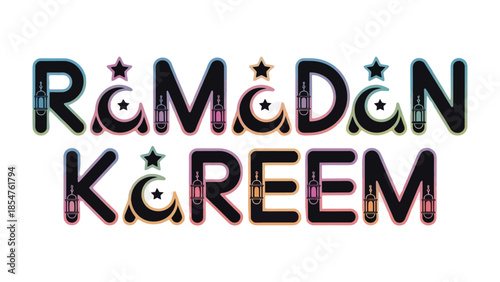 Ramadan Kareem: Festive calligraphy celebrates the holy month with a vibrant display of crescent moons and stars. 