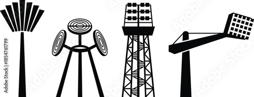 Stadium lighting tower silhouette set for sports venue in black and white vector design.