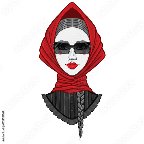 Portrait of a cartoon girl in a red scarf and glasses. Retro style. Vector illustration isolated.