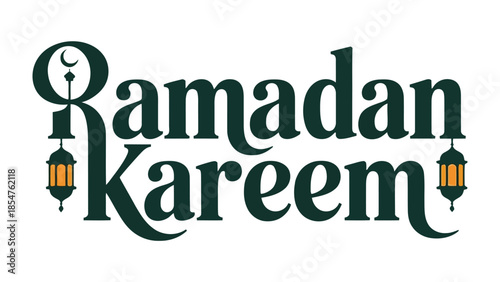 Ramadan Kareem: A stylized and elegant inscription featuring crescent moon and lanterns, exuding a sense of reverence and celebratory ambiance, perfect for conveying seasonal greetings.