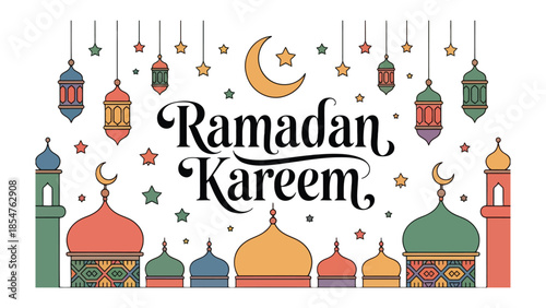 Ramadan Kareem: Illustrative representation of the Islamic holiday. Featuring mosques, lanterns, crescent moon and stars, conveying the festive and spiritual essence of the occasion.