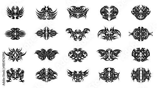 Diverse collection of abstract tribal decorative elements for graphic design projects; intricate symmetrical vector art perfect for tattoos, emblems, and creative aesthetic applications