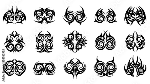 Dynamic collection of intricate tribal ornamental designs, showcasing a diverse range of powerful blackwork patterns and symmetrical swirling motifs, ideal for graphic projects and symbolic body art