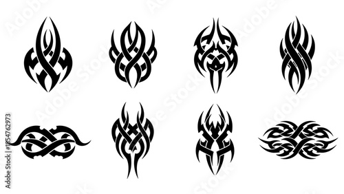 A compelling collection of intricate and powerful tribal tattoo designs, featuring unique black art patterns suitable for various decorative and illustrative projects