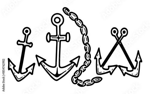 Ship anchor set. Hand drawn sketch vector. Boat equipment. Metal heavy load. Chain. Graphic illustration. Element collection.