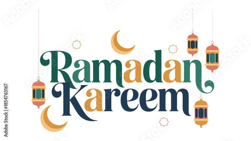 Ramadan Kareem: A festive and decorative design captures the spirit of the holy month with elegance and joy. The image features a stylized crescent moon, ornate lanterns.