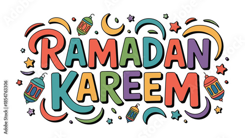 Ramadan Kareem: A vibrant and colorful illustration conveys the spirit of Ramadan Kareem with festive fonts, crescent moons, stars, and lanterns.