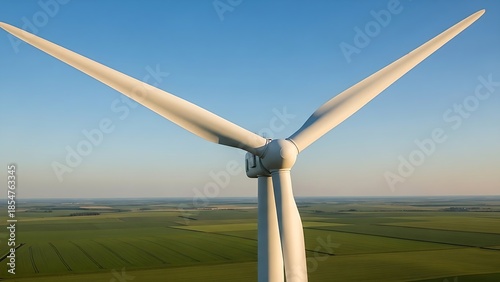 Wind turbine standing tall in green landscape with clear blue sky