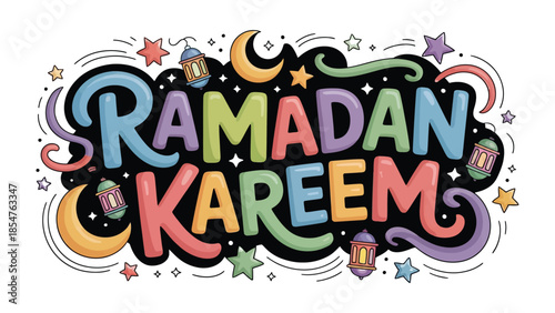 Ramadan Kareem Illustration: Colorful illustration with decorative elements, stars, and crescent moon, ideal for festive designs and celebratory projects.